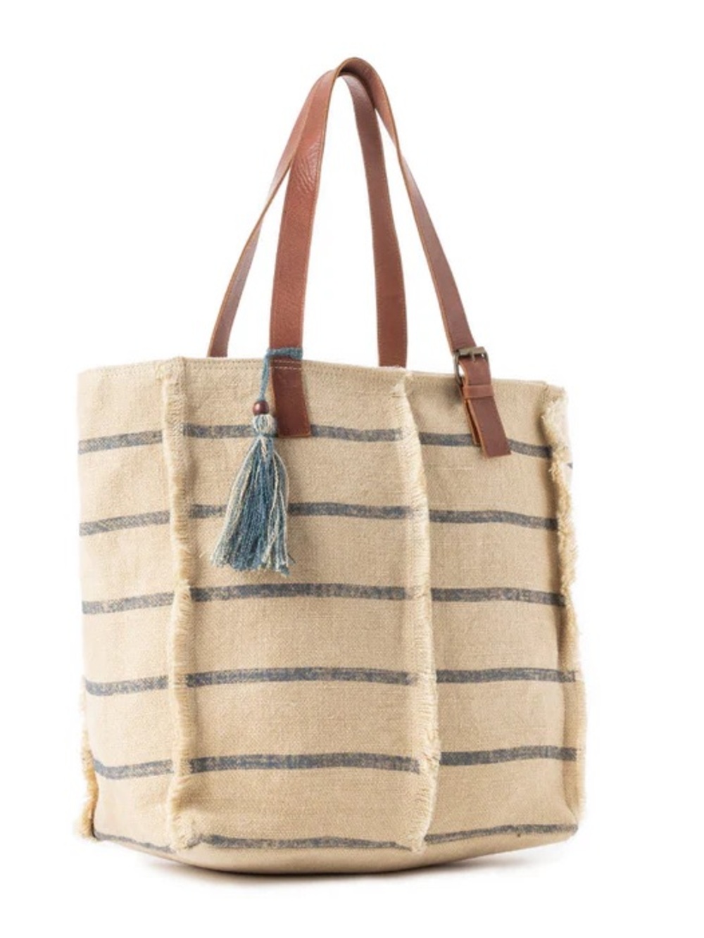 Canvas Stripe Tote Bag with Leather Straps - Beige & Blue